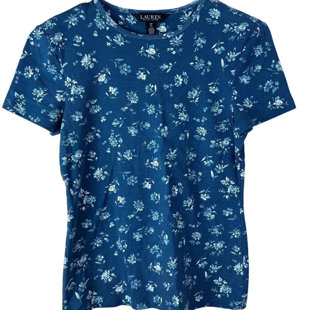 Lauren Ralph Lauren Womens Floral Crewneck Short Sleeve Tee Teal‎ Blue Small